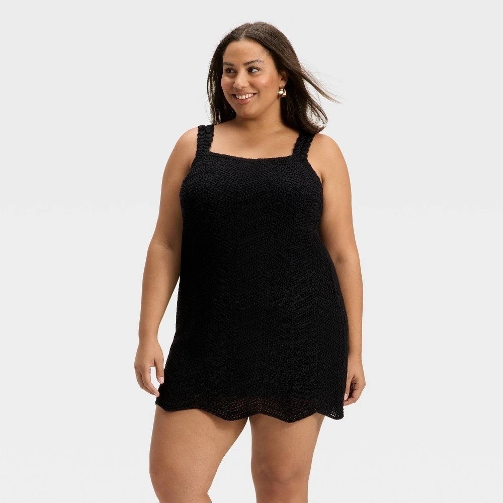 A New Day Womens Crochet Mini Shift Dress Black Square Neck Scalloped Hem 4X